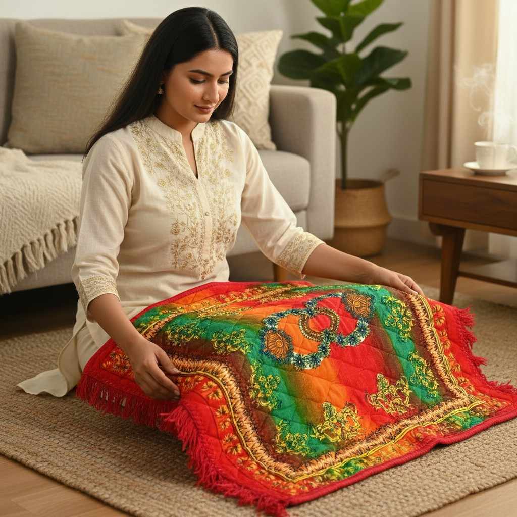 Puja Aasan | Velvet Quilted Sitting Mat | 24x24 Inch | Multicolour Set of 3 Pcs