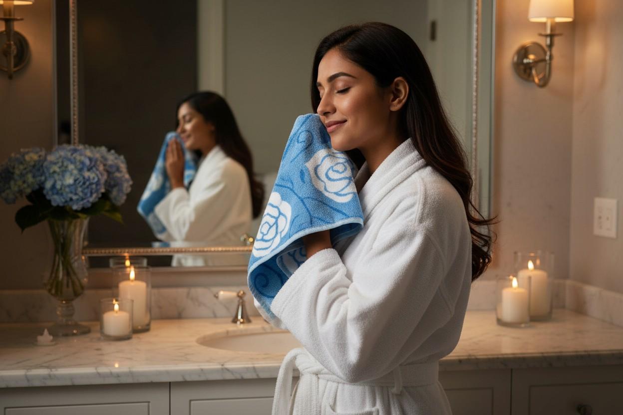 Microfiber Hand Towel | Sky Blue & White Rose Floral Print | Ultra Soft & Quick Dry (Set of 3 Pcs)