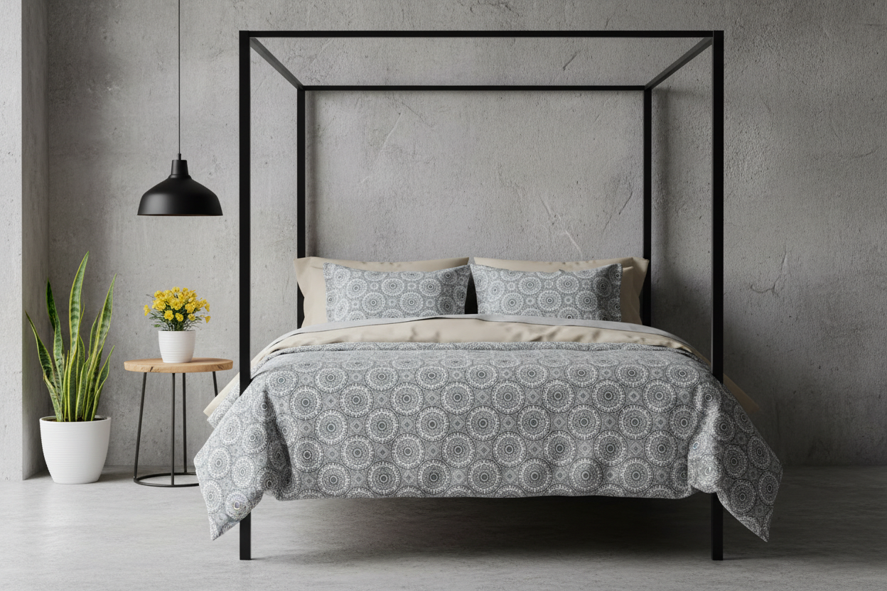 100% Pure Cotton King Size Bedsheet Set | Grey White Mandala Geometric Pattern | 108x108 Inches