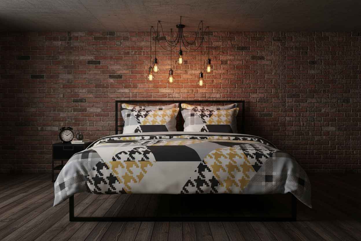 Double Bed Bedsheet – Houndstooth Patchwork | Black, White & Gold