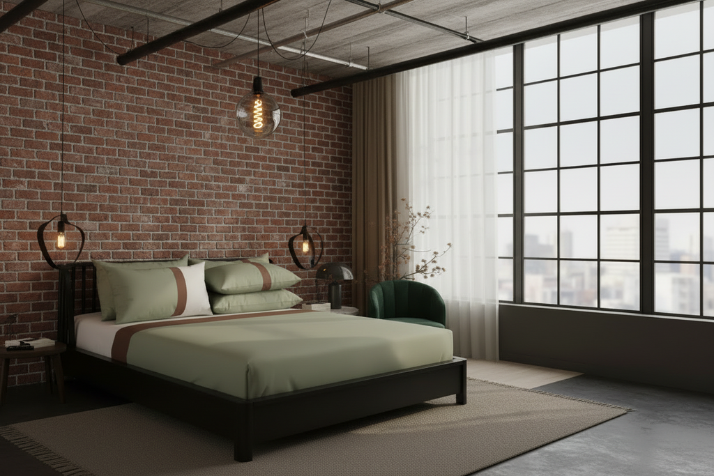 Olive Luxe Bedsheet Set – Sage Green & Mocha Brown Stripe