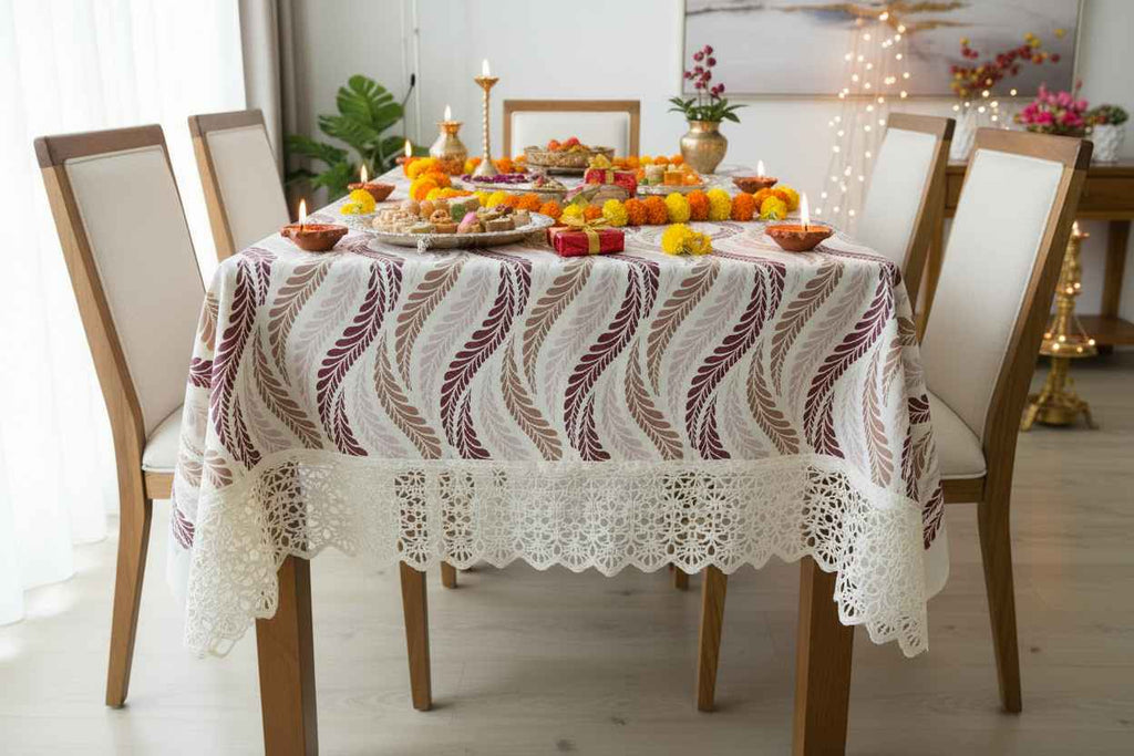 Feather Wave Print Table Cover with Jali Lace Border | Cream, Burgundy & Taupe
