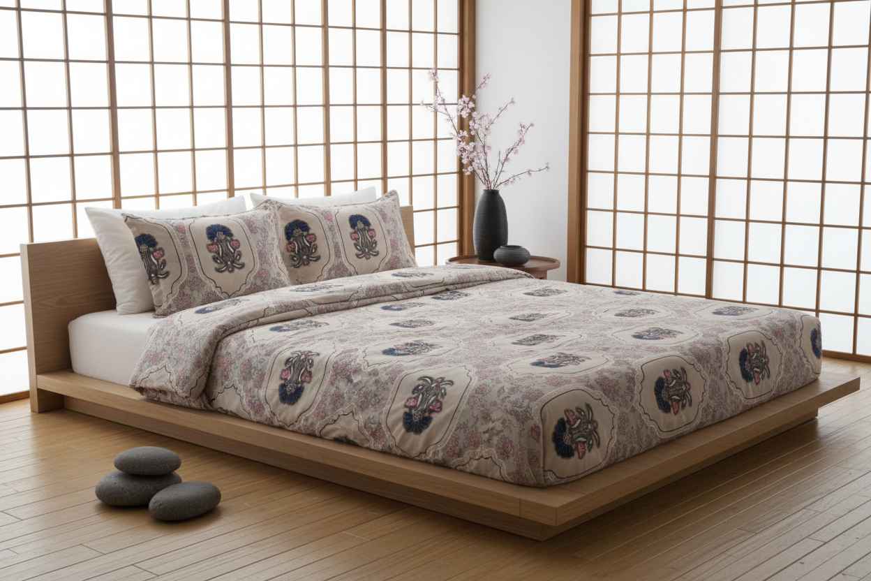 Double Bed Bedsheet – Mughal Floral Print | Beige & Indigo