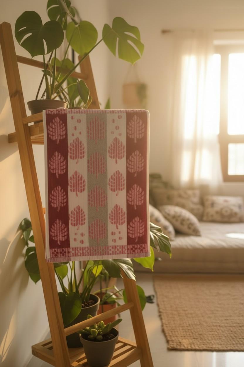 Hand Towel Block Print  – Burgundy & Pink Monstera Leaf | Set of 3