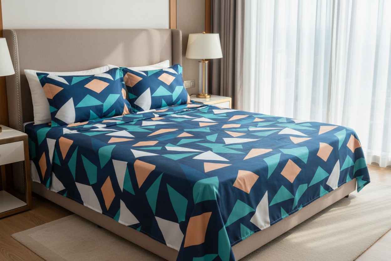 Geometric Print King Size Bedsheet | Navy, Teal & Peach