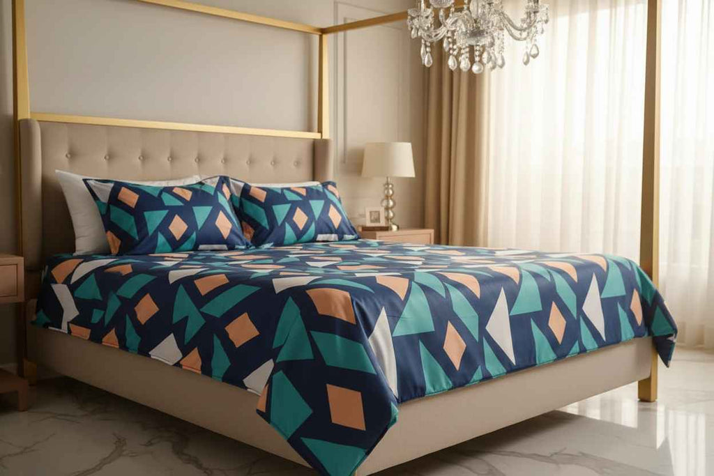 Geometric Print King Size Bedsheet | Navy, Teal & Peach