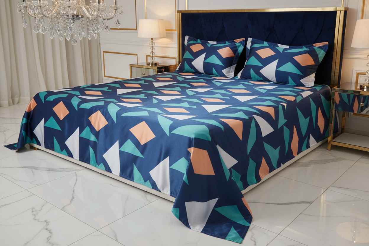 Geometric Print King Size Bedsheet | Navy, Teal & Peach