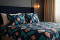 Geometric Print King Size Bedsheet | Navy, Teal & Peach