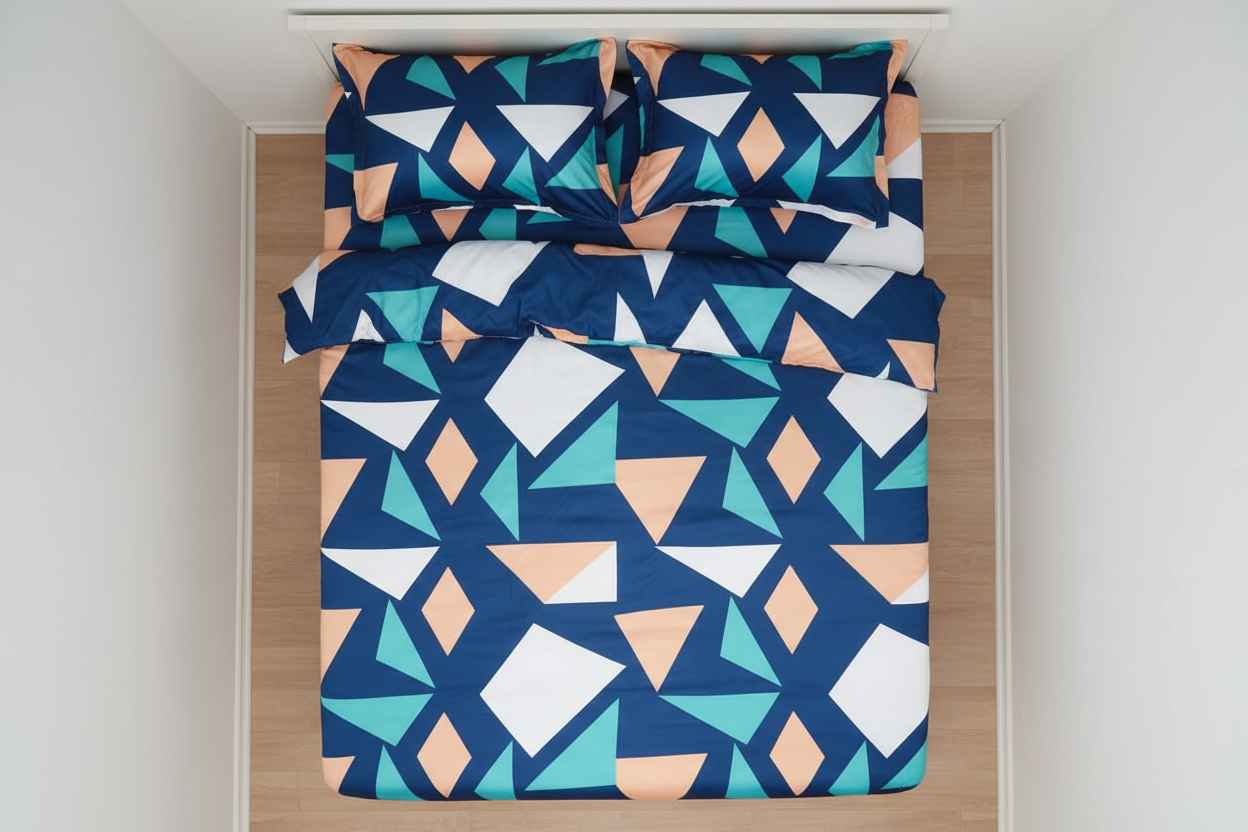 Geometric Print King Size Bedsheet | Navy, Teal & Peach