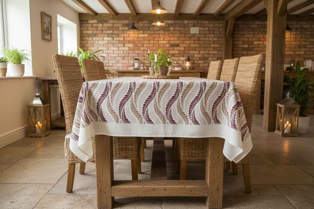 Feather Wave Print Table Cover with Jali Lace Border | Cream, Burgundy & Taupe