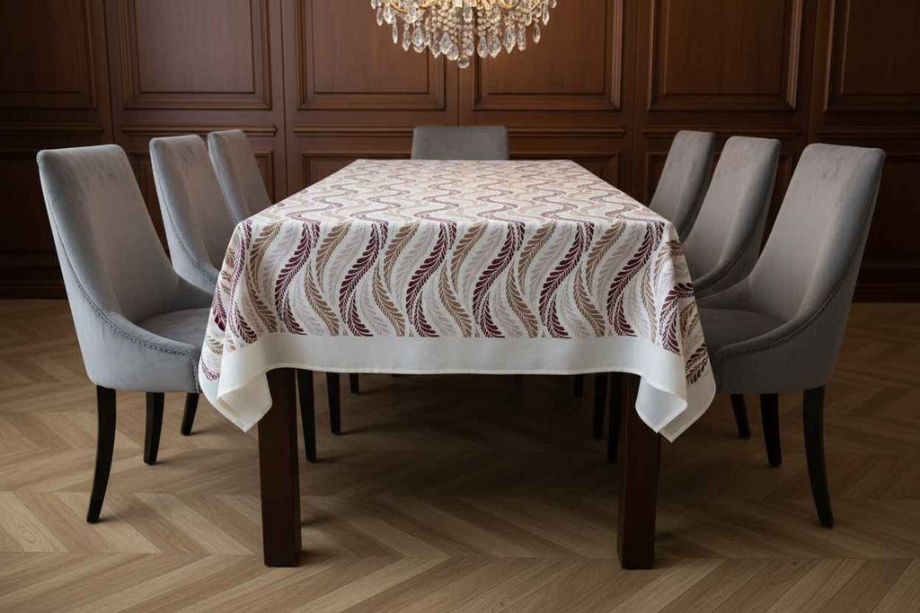 Feather Wave Print Table Cover with Jali Lace Border | Cream, Burgundy & Taupe