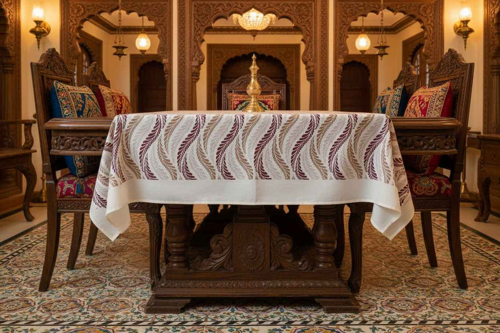 Feather Wave Print Table Cover with Jali Lace Border | Cream, Burgundy & Taupe