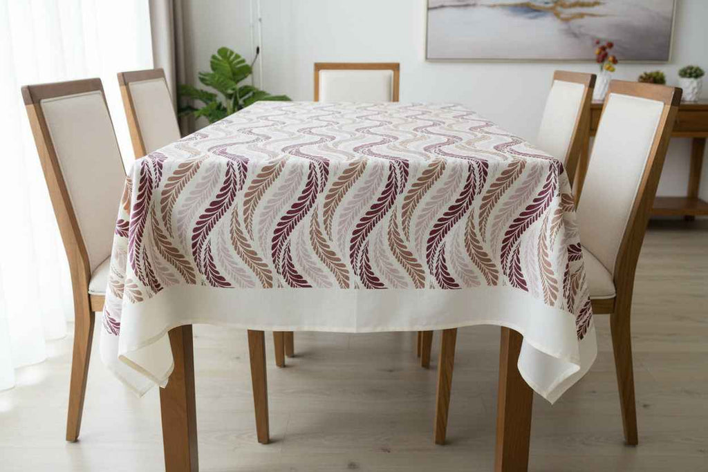 Feather Wave Print Table Cover with Jali Lace Border | Cream, Burgundy & Taupe