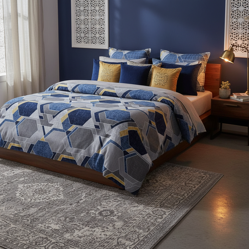 Bedsheet with Pillow Covers | Navy Blue Yellow Diamond with Premium Packing