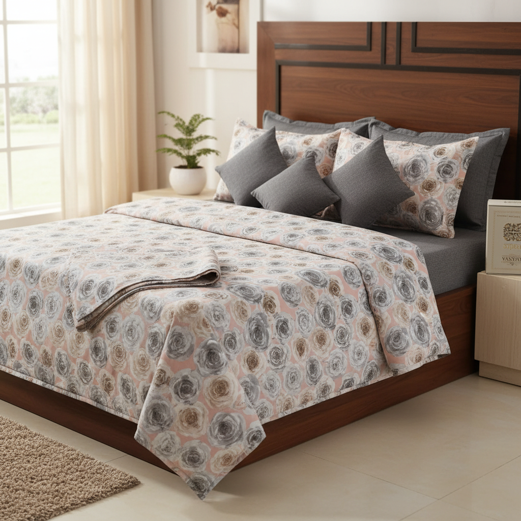 Premium Bedsheet Set with Pillow Covers - Grey & Beige Rose Pattern with Premium Packing