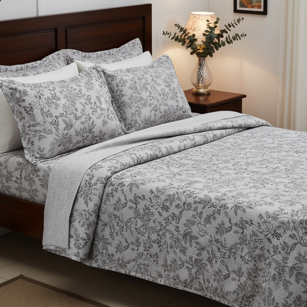 Premium Botanical Leaf Pattern Bedsheet Set - Grey & White with Pillow Covers - Queen Size