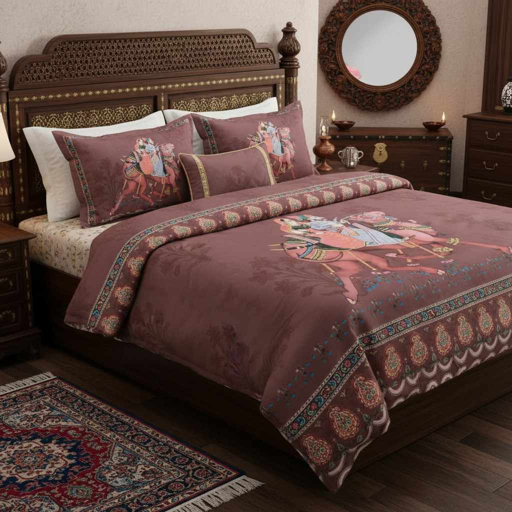 Rajasthani Royal Couple Bedsheet King Size 7D Digital Print with 2 Pillow Covers - 108x108 inch