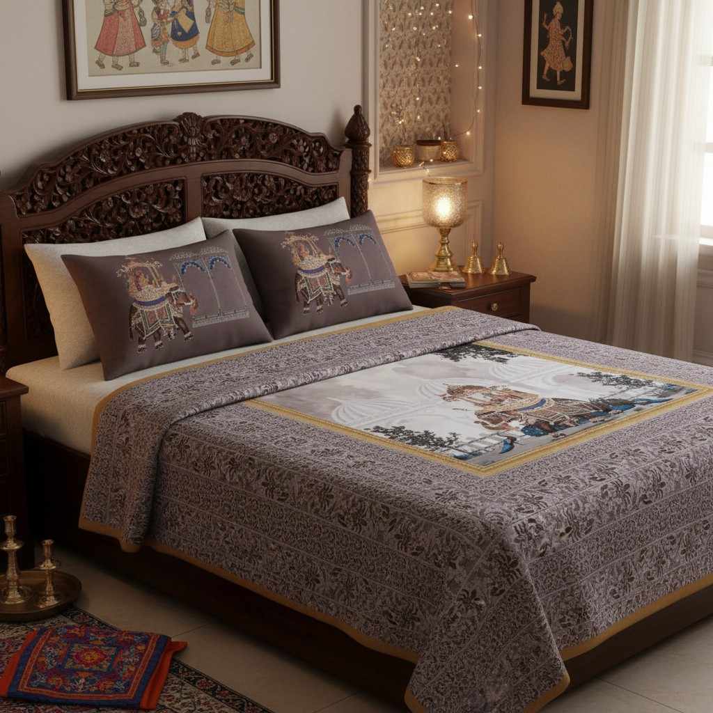 Royal Elephant Heritage Bedsheet King Size 7D Digital Print with 2 Pillow Covers - 108x108 inch