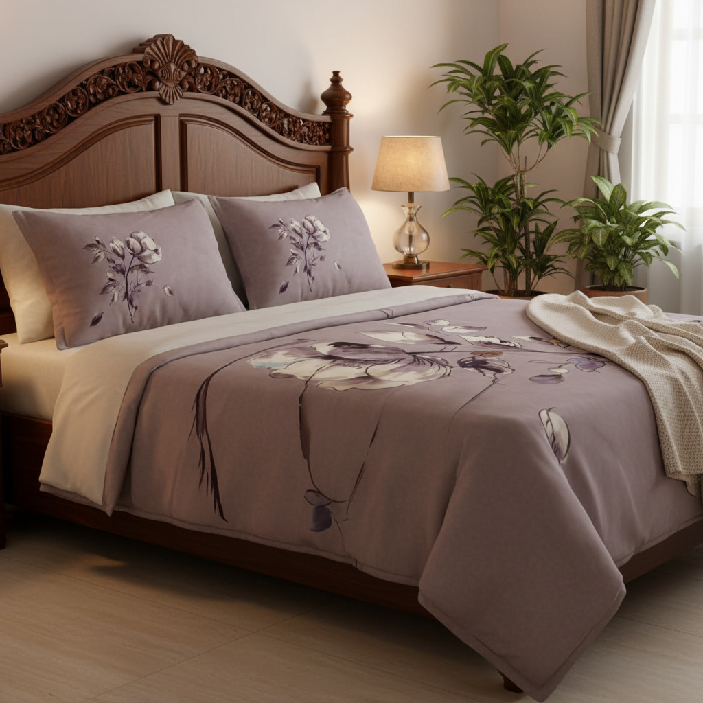 Mauve Magnolia Bedsheet King Size 7D Digital Print with 2 Pillow Covers - 108x108 inch