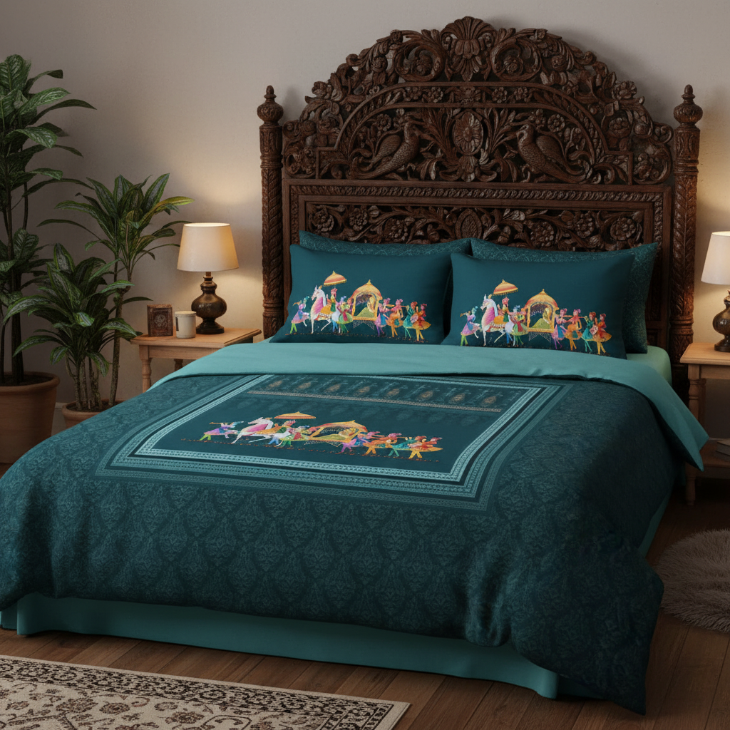 Royal Procession King Size Bedsheet 7D Digital Print with 2 Pillow Covers - 108x108 inch