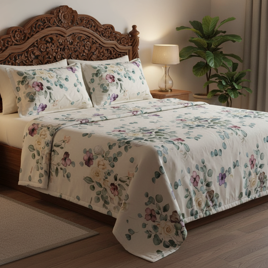 Eucalyptus Floral King Size Bedsheet - 7D Digital Print with 2 Pillow Covers - 108x108 inch