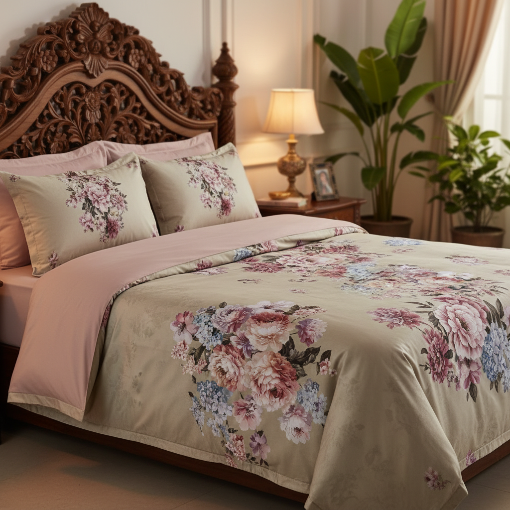 Romantic Pastel Floral Bedsheet King Size 7D Digital Print with 2 Pillow Covers - 108x108 inch