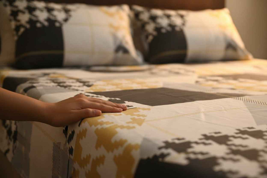Double Bed Bedsheet – Houndstooth Patchwork | Black, White & Gold