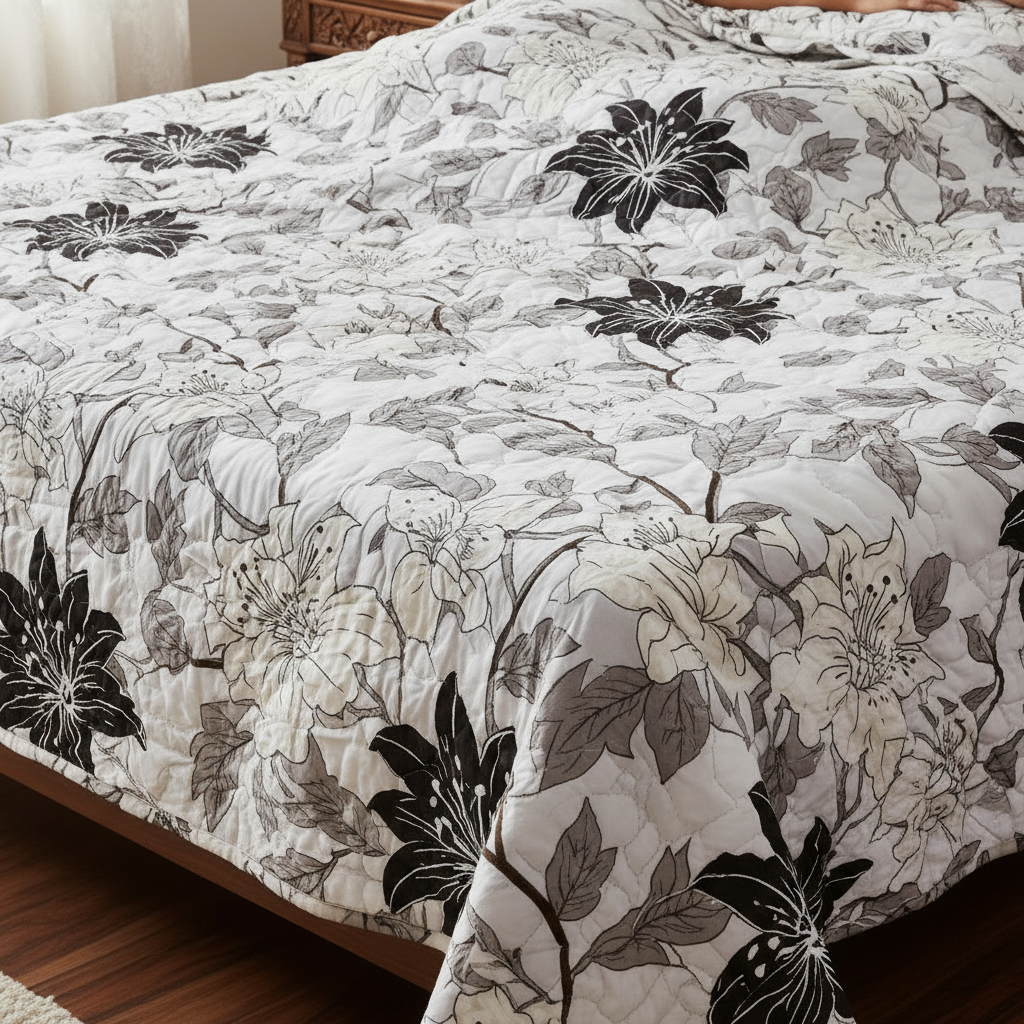 Summer Comforter Black White Lily Floral Double Bed  | Elegant Quilted Bedding