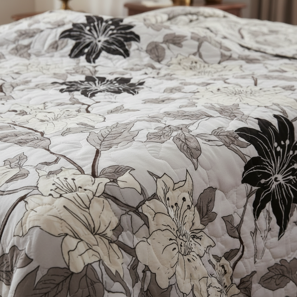 Summer Comforter Black White Lily Floral Double Bed  | Elegant Quilted Bedding