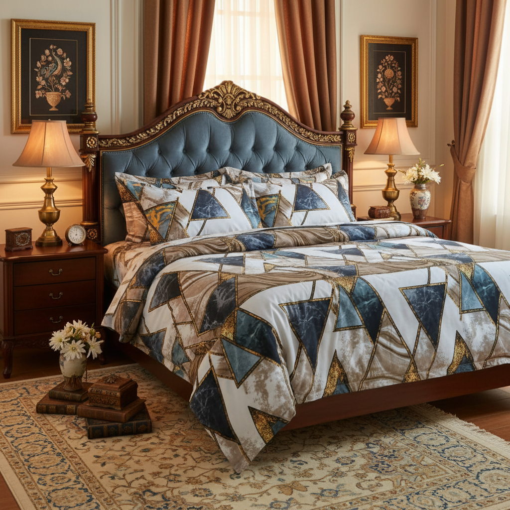 Luxury Geometric Marble Bedsheet Set - Navy Blue Gold Beige Agate Design with Pillow Covers - Queen Size