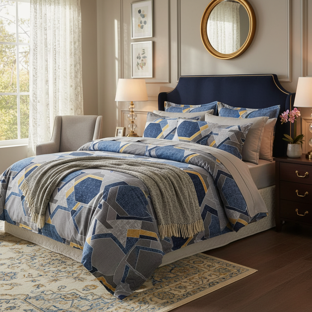 Bedsheet with Pillow Covers | Navy Blue Yellow Diamond with Premium Packing