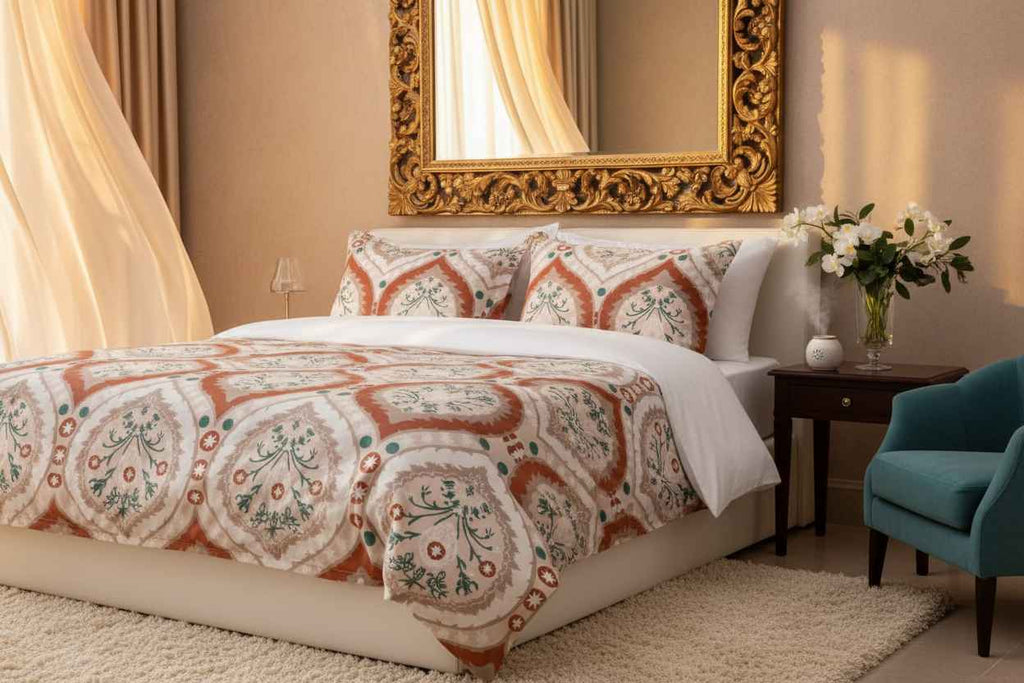 Ikat Floral Printed Bedsheet Set — Terracotta & Teal
