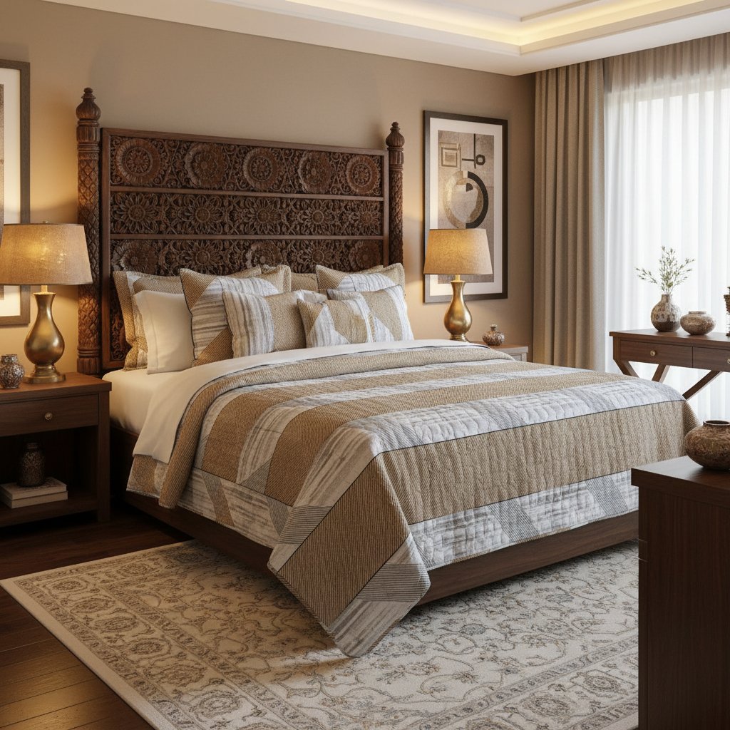 Premium Bed Sheet Set - Beige Grey Geometric Diagonal Striped Pattern with Quilted Pillow Covers - Queen Size