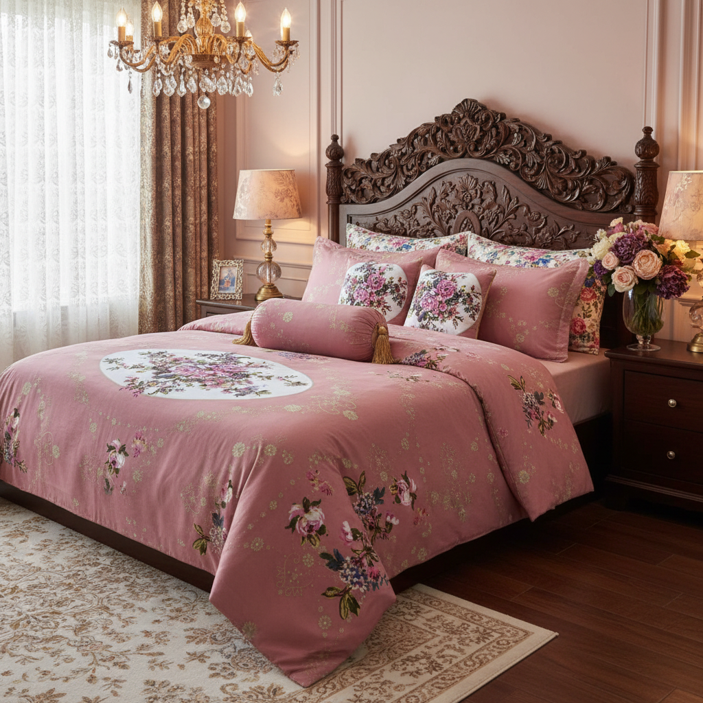 Premium Embroidered Bed Sheet Set - Pink Floral Golden Embroidery with Pillow Covers - Queen Size