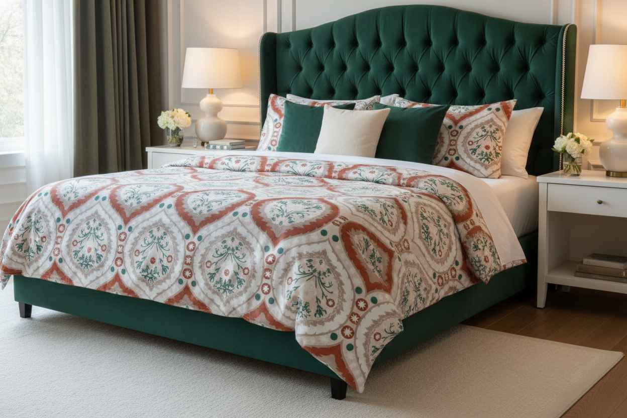 Ikat Floral Printed Bedsheet Set — Terracotta & Teal
