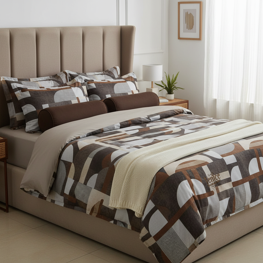 Geometric Bedsheet with Pillow Covers - Beige Brown Striped Pattern with Premium Packing