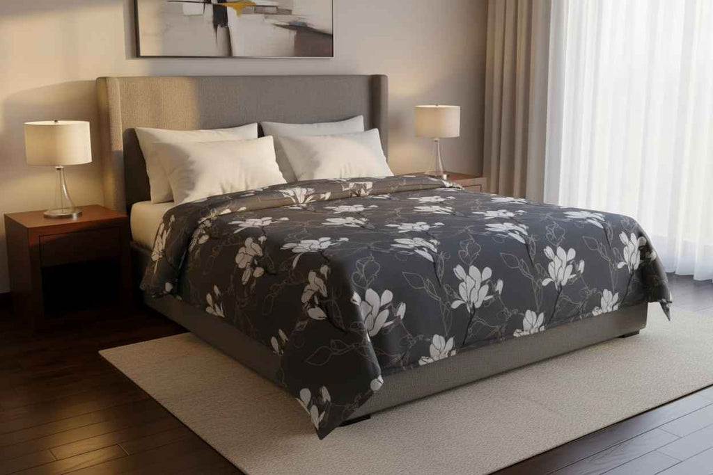 Charcoal Magnolia Floral Bedsheet Set — Dark Grey & White