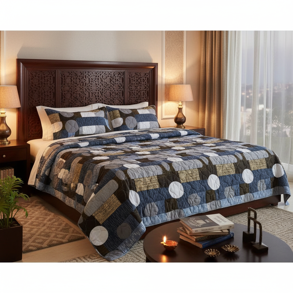 Premium Bed Sheet Set - Navy Blue Geometric Circular Pattern with Quilted Pillow Covers - Queen Size