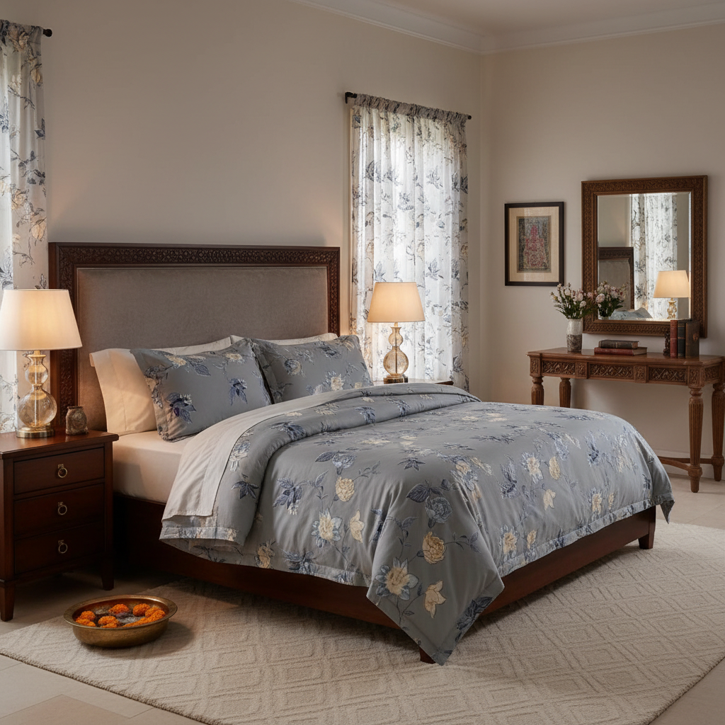 Premium Floral Bed Sheet Set - Grey with Cream Blue Bird & Flower Design with Pillow Covers - Queen Size