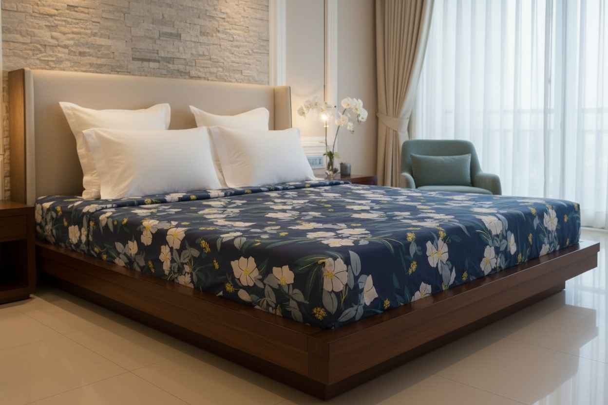 Navy Floral Bedsheet – Double Bed | White Hibiscus Print