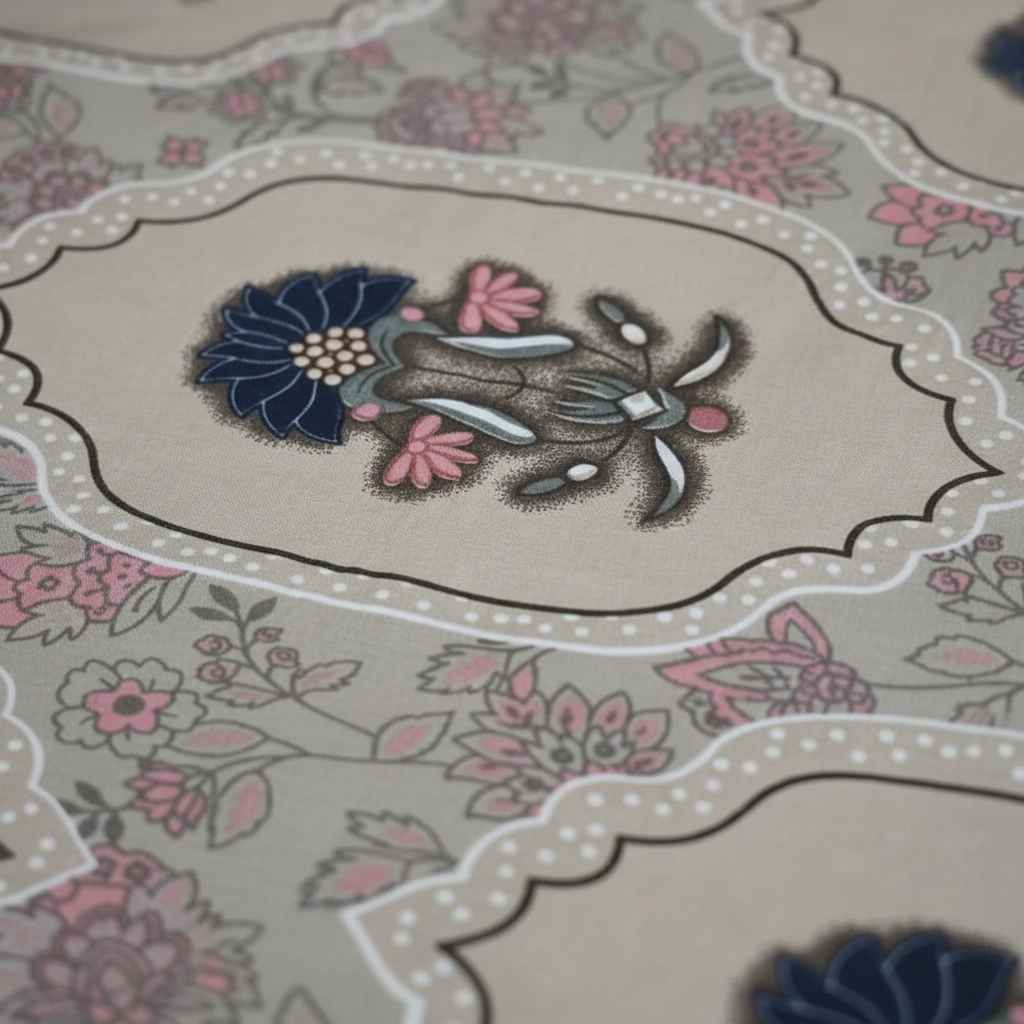Double Bed Bedsheet – Mughal Floral Print | Beige & Indigo