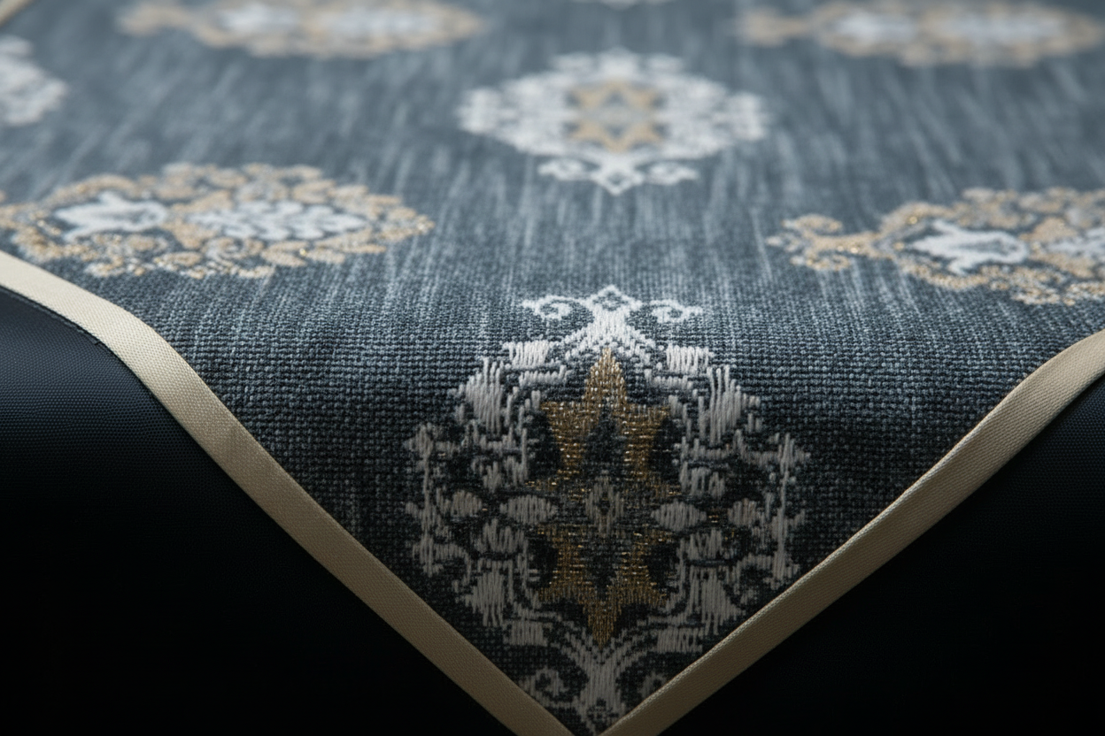Royal Medallion Silk Table Runner | Navy Blue Jacquard with Satin Silk Finish