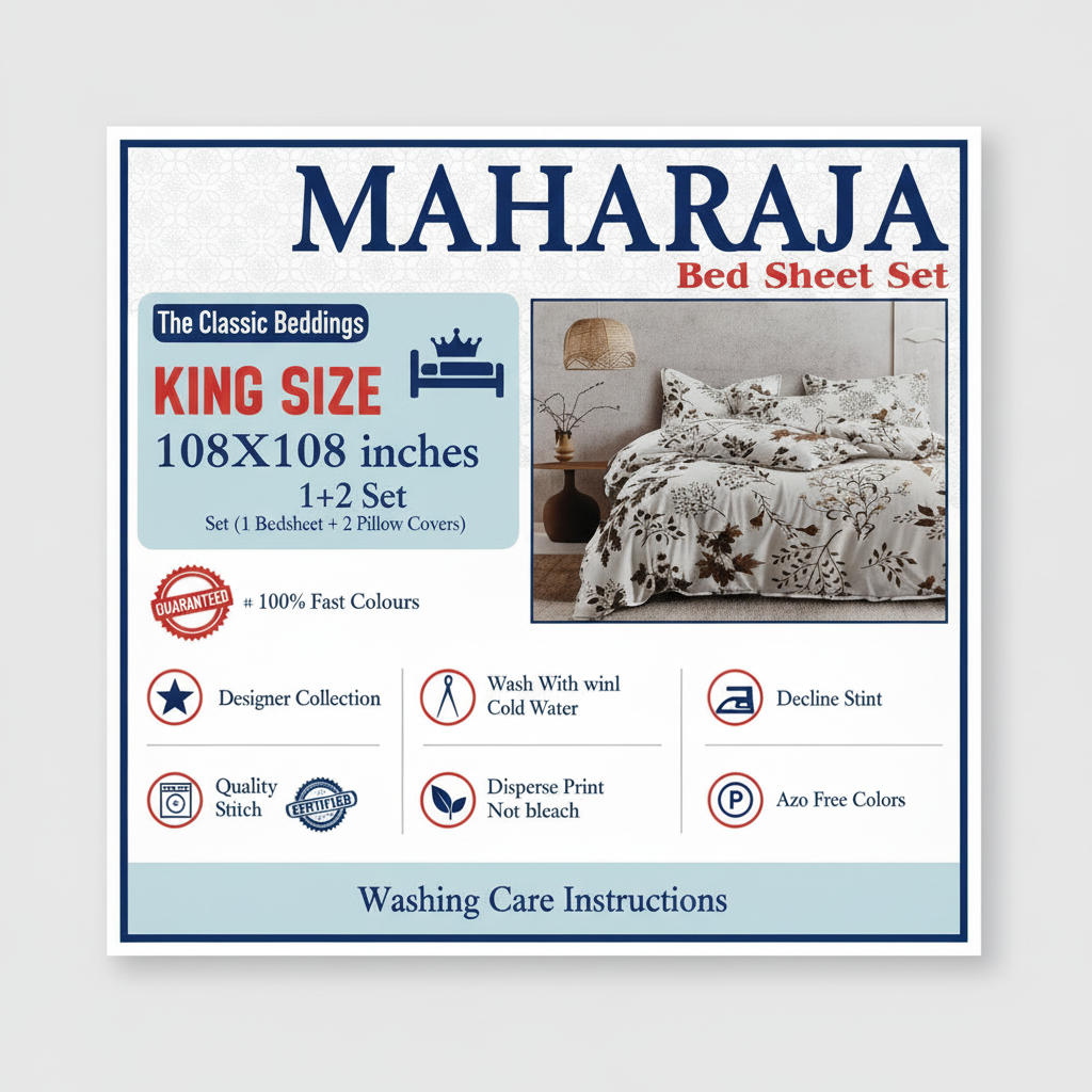 King Size Bedsheet Set - Designer Collection | 108x108 Inches | 1 Bedsheet + 2 Pillow Covers | Artistic black and brown leaf patterns