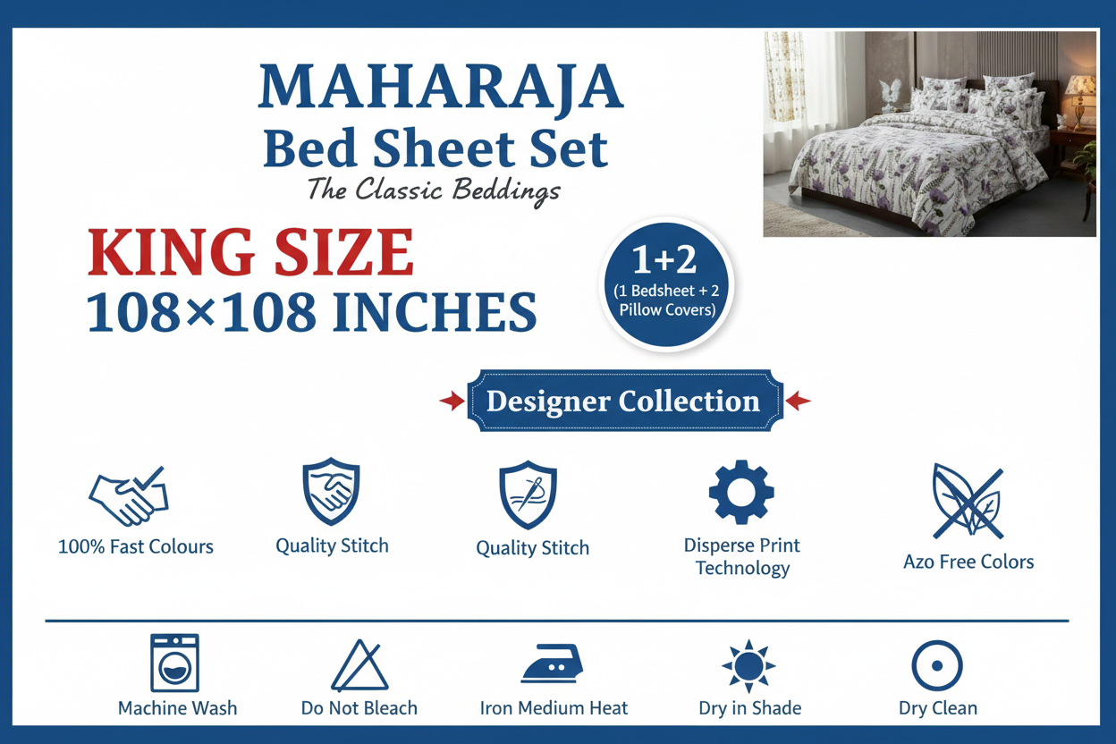 King Size Bedsheet Set - Designer Collection | 108x108 Inches | 1 Bedsheet + 2 Pillow Covers | Purple Floral pattern with hanging flowers