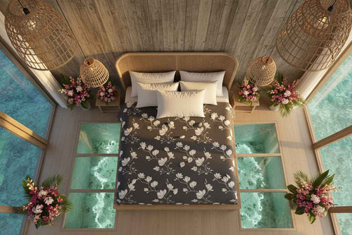 Charcoal Magnolia Floral Bedsheet Set — Dark Grey & White