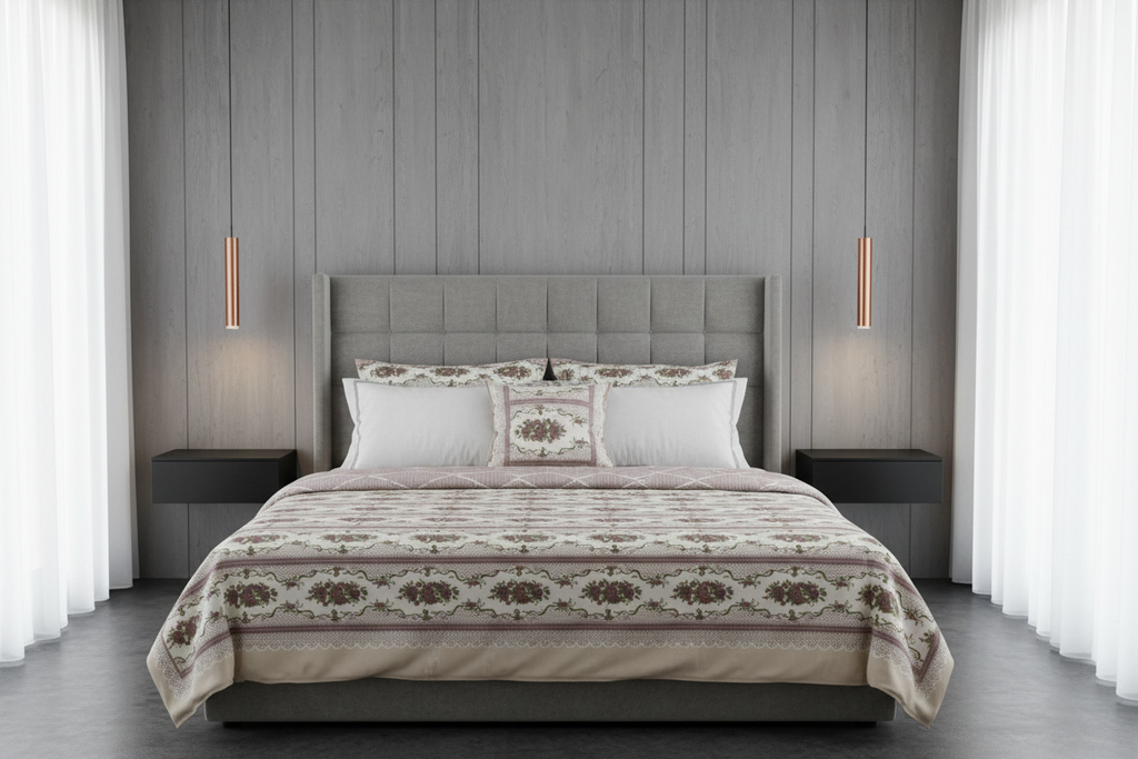 100% Pure Cotton King Size Bedsheet Set | Brown Green Floral Rose Stripe Pattern | 108x108 Inches