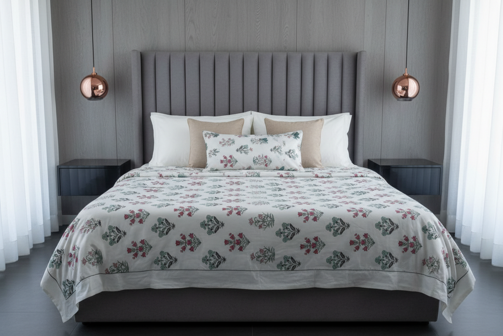 Summer Dohar Double Bed | Pink Teal Floral Bell Pattern 100% Cotton