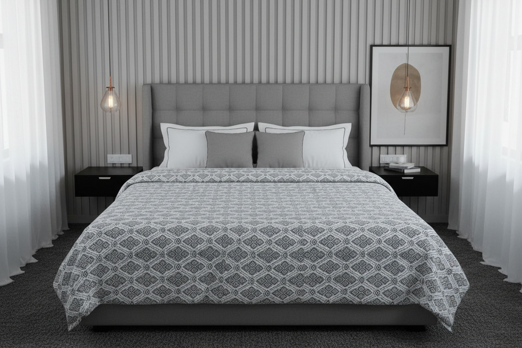 100% Pure Cotton King Size Bedsheet Set | Grey White Geometric Diamond Pattern | 108x108 Inches