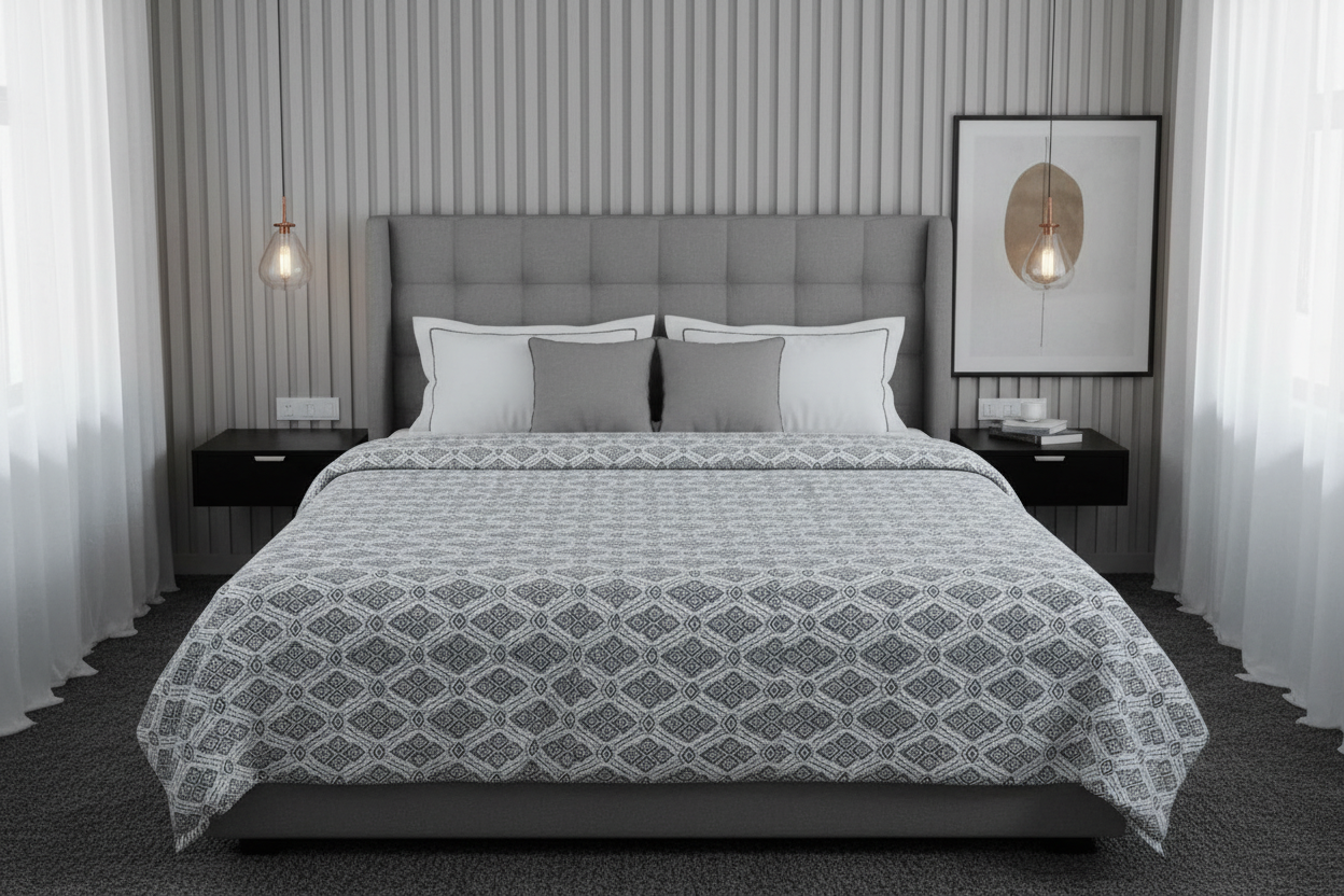 100% Pure Cotton King Size Bedsheet Set | Grey White Geometric Diamond Pattern | 108x108 Inches