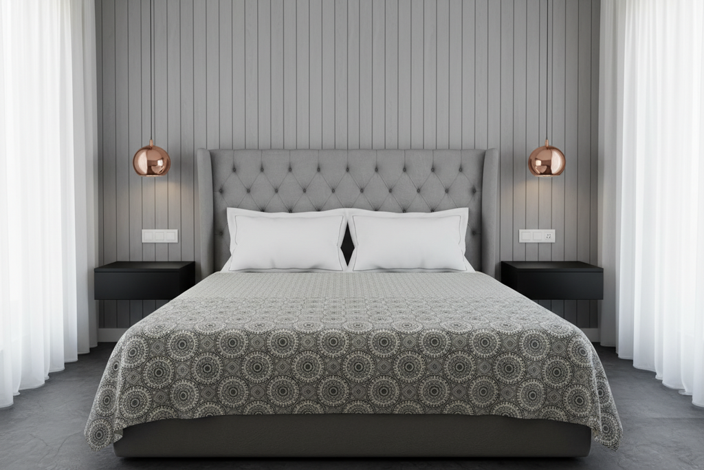 100% Pure Cotton King Size Bedsheet Set | Grey White Mandala Geometric Pattern | 108x108 Inches